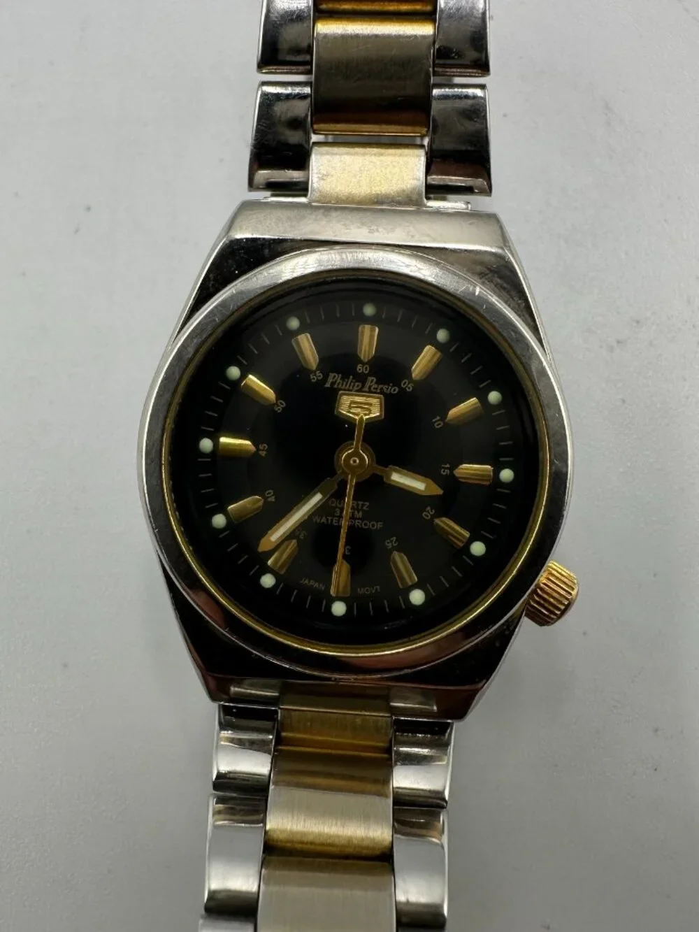 Philip Persio Watch Women Silver Gold Two Tone Black Dial 24MM New Battery 6.5